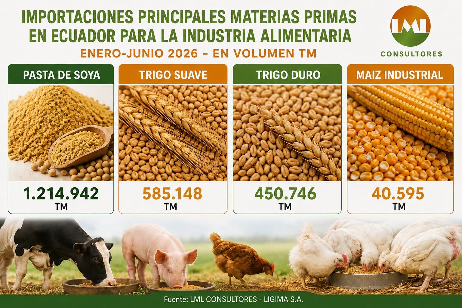 Importaciones Principales Materias Primas en Ecuador para la Industria Alimentaria Enero - Junio 2026 - En Volumen TM